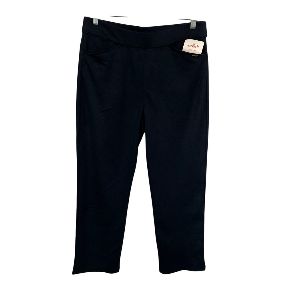 Chic Pants Size 10P Navy Blue Elastic Waist Stretch Straight Leg Pull-On NWT